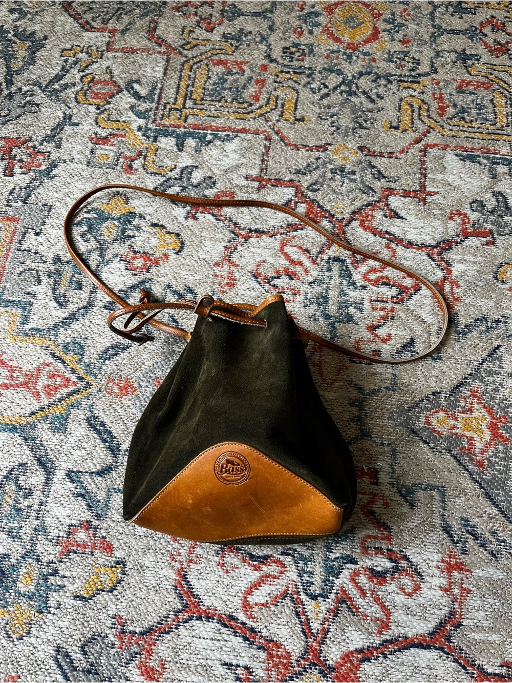 G.H. Bass & Co. Olive Suede and Tan Leather Drawstring Crossbody Bag